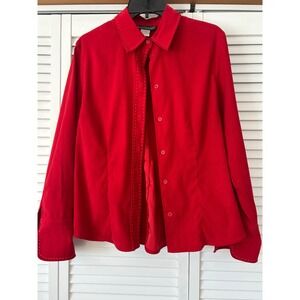 Harve Benard Red Long Sleeve Button Down Shirt Top Women's Stitch Detail suede